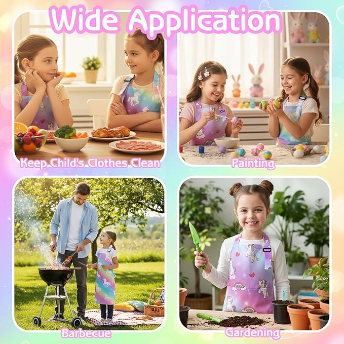 2 Pack Kids Apron and Chef Hat Adjustable Kitchen Cooking Aprons with Pockets for Girls Boys Baking Painting