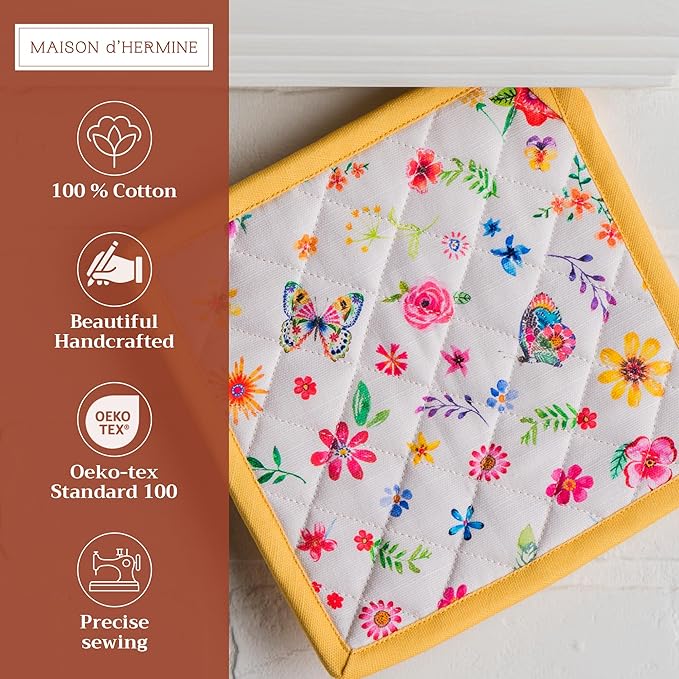 Maison d' Hermine Pot Holders 100% Cotton Heat Resistant Potholders 8" x 8" Hot Pads with Loop BBQ Baking Gifts for Mothers Day Handling Hot Pans Spring/Summer (Pack of 1, Happy Florals - Sweety)