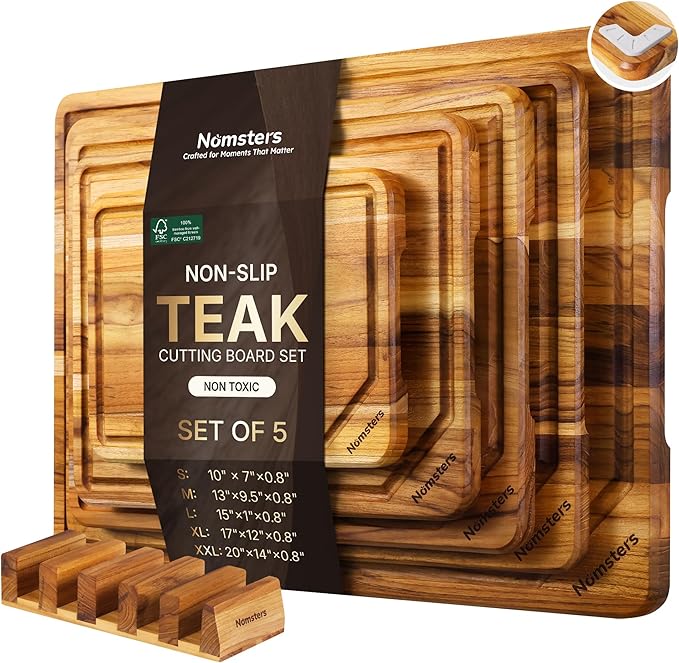 5 Pack Teak Wood Cutting Board Set for Kitchen with Holder Charcuterie Board Serving Heavy Duty Non Toxic Slip Hardwood Over Sink Solid Thick Wooden Chopping Board Large Big Small Best Essential Gift