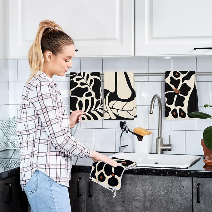 Breling Boho Kitchen Towels Set of 6 Boho Floral Dish Towels Cute Tea Towel Decorative Hand Towel Vintage Rustic Cloths for Kitchen Drying Housewarming Gifts Home, 14 x 21 inch (Black)