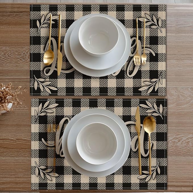 HOMETITUTE Blessed Placemats Set of 4 Linen 12x18 Inch Washable Table Mats Black and White Buffalo Plaid Rustic Farmhouse Place Mats Decorative Kitchen Dining Table Party Holiday Home Decor