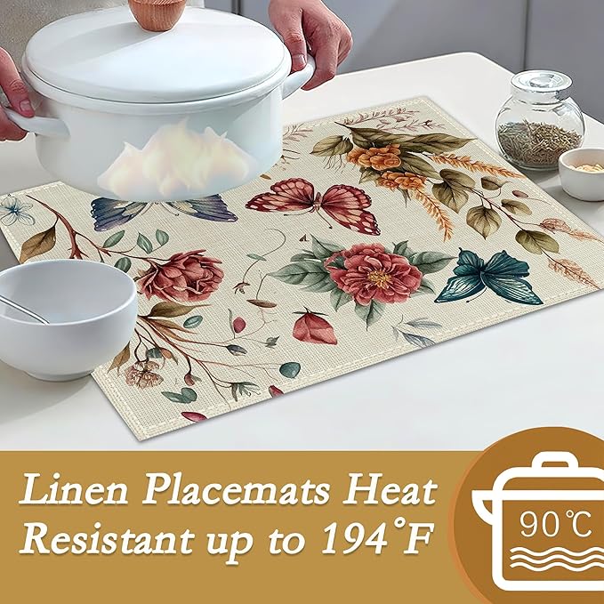 Butterfly Floral Vintage Placemats Set of 6, 12x18 Inch Waterproof Stain Resistant Linen Table Placemats Summer Seasonal Farmhouse Kitchen Party Decor Home Decor