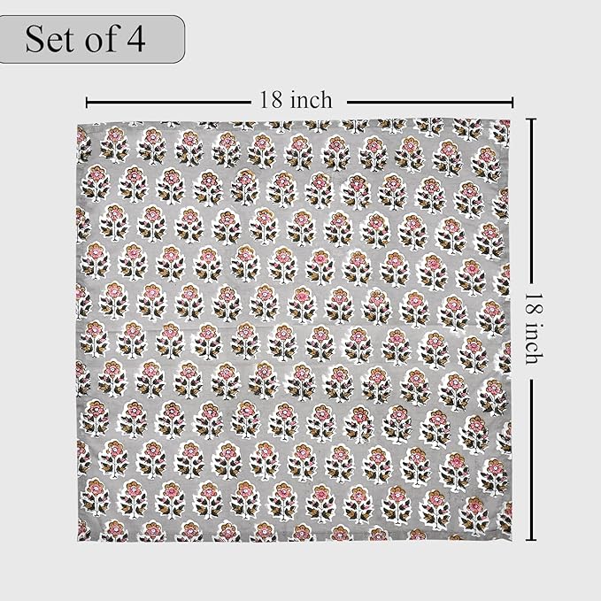 CPC Labra Gray Indian Block Print Cotton Cloth Napkins Set of 4, 18x18 Reusable Everyday Napkins, Soft, Absorbent, Floral Dinner Napkin, Holiday, Party Gift, Spring,Mother's Day