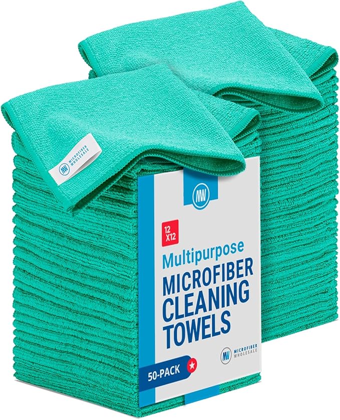 Microfiber Wholesale 12" x 12" Cleaning Cloths (50 Pack) - Reusable Towels, Wash Rags, Dust Cloth, All-Purpose: Kitchen, Dish, Cars, Shop, Glass (Green)