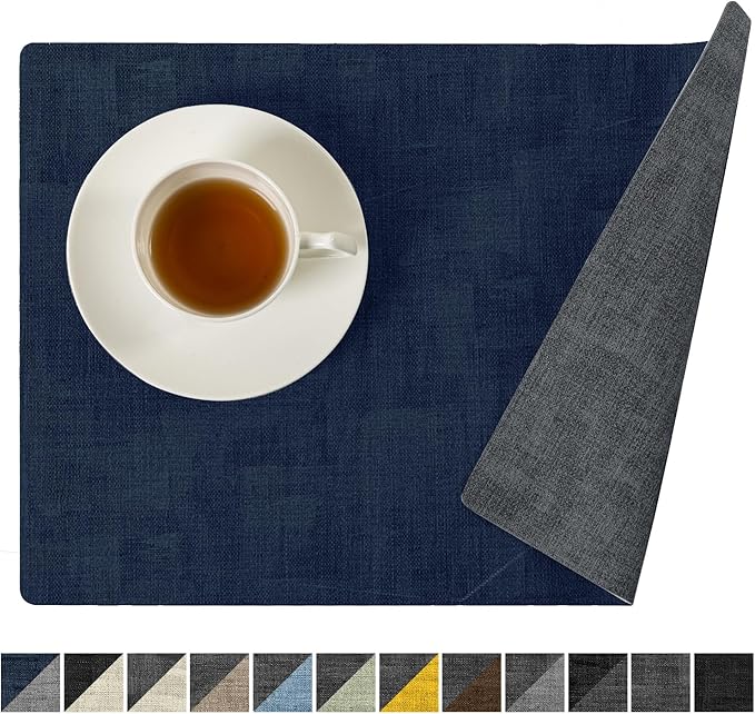 Romanstile Vinyl Placemats Set of 8-12x17 Inch, Reversible Waterproof Washable Non Slip Table Mats, Heat Resistant Wipeable Table Placemats for Dining/Party/Indoor/Outdoor, Light Grey-Navy Blue