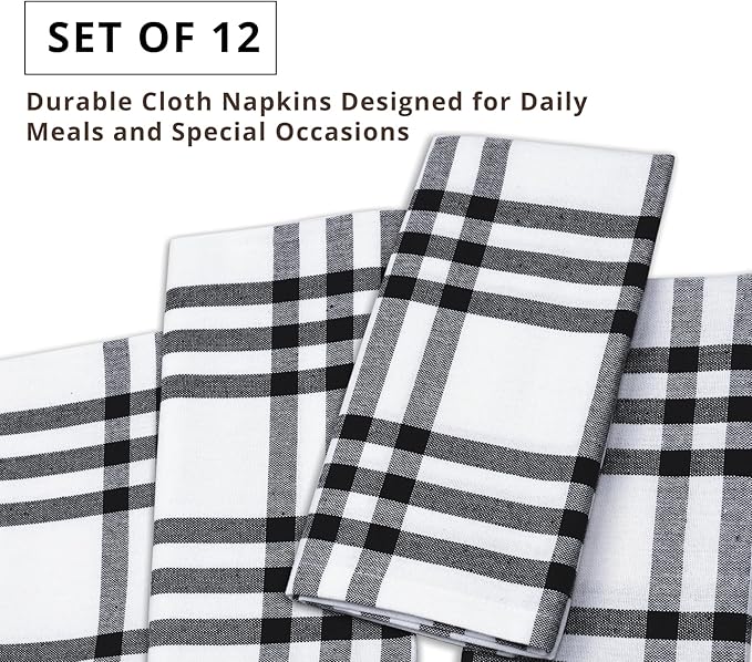 PurpleEssences Homestead Plaid Cloth Napkins - Mitered Corners - Spring Easter Summer - Check Dinner Napkin - Set of 12-100% Cotton - 18x18 Inch - Reusable Washable - Black and White