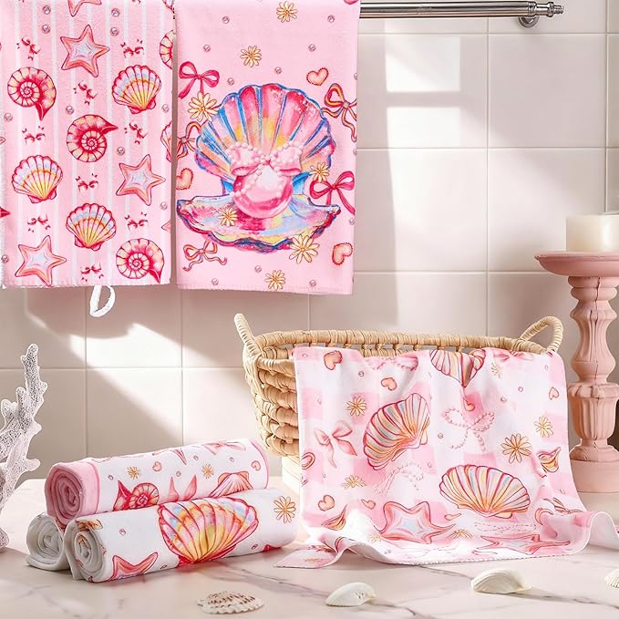 Breling Set of 6 Pink Beach Kitchen Towels Coastal Beach Dish Towel Bathroom Decorative Seashell Bow Rustic Hand Cloths for Kitchen Bathroom Home Cooking Housewarming Gifts, 14 x 21 Inch