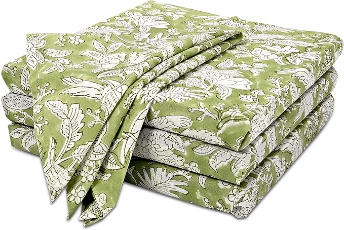 CPC Olive Green Indian Block Print Cotton Cloth Napkins Set of 4, 18x18 Reusable Everyday Napkins, Soft, Absorbent, Floral Dinner Napkin, Holiday, Party Gift, Spring,Mother's Day