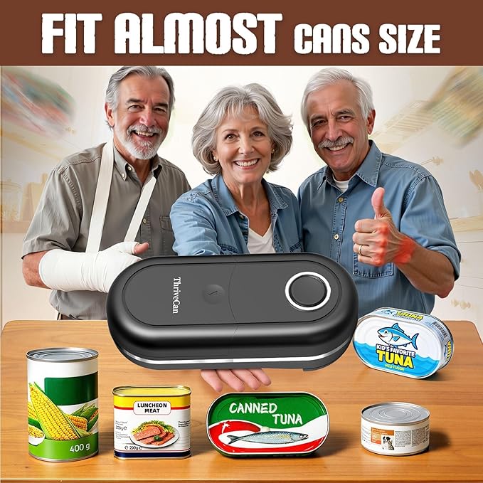 Electric Can Opener, One Touch Automatic Smooth Edge, Hands Free Side Cut Can Opener for Seniors, Battery Operated, Fits Most Cans, Safe & Easy to Use, Food Safe, Easy Clean Kitchen Gadget (Black)