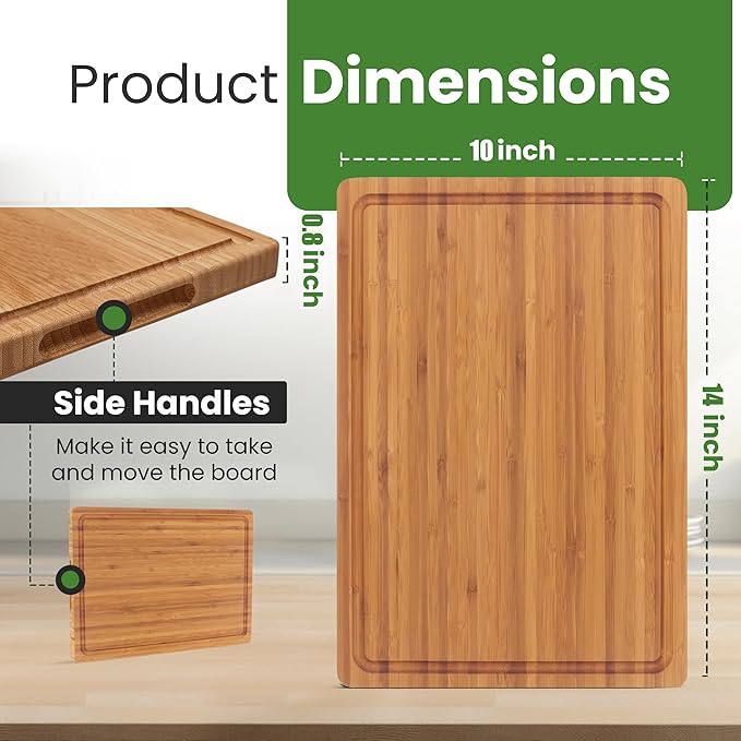 Bamboo Cutting Board for kitchen – .8" Thick Wood Chopping Board with Juice Groove and inner handle. Charcuterie & Butcher Block for Meat, Vegetables & Cheese, Brown (14"x10")