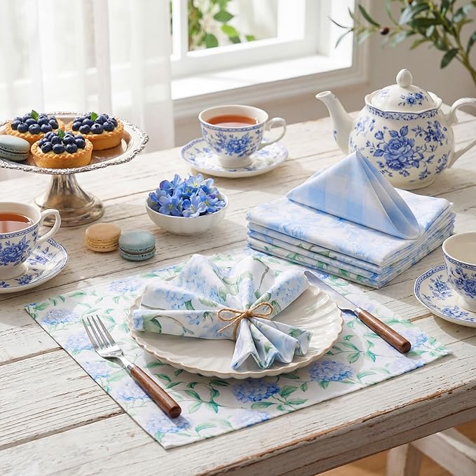 Hydrangea Floral Cloth Napkins 6 Patterns Washable Dinner Tea Party Napkins Reusable Plant Flowers Square Napkin Cotton Towel Decorative for Spring Wildflower Party(Blue Hydrangea,12 Pcs)