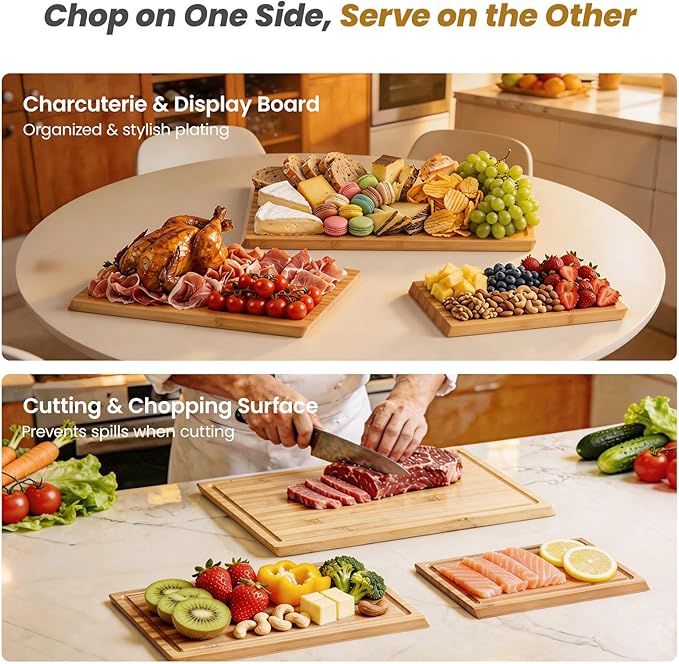 Bamboo Cutting Board Set of 3, Durable Wooden Chopping Boards with Distinctive Stand & Juice Grooves, Ideal for Meat, Vegetables, Fruit, Charcuterie Prep & Serving, Kitchen Gifts for Mom, Natural