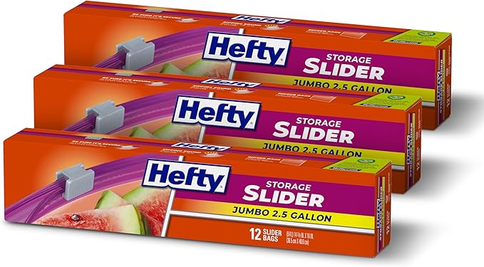 Hefty Slider Jumbo Storage Bags,2.5 Gallon Size,12 Count (Pack of 3)
