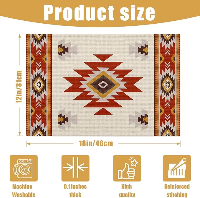 Southwestern Placemats Set of 6, Rusty Red Tribal Geometric Linen Place Mat Washable Stain Resistant Table Mats for Farmhouse Kitchen Dining Decor 12x18 Inch