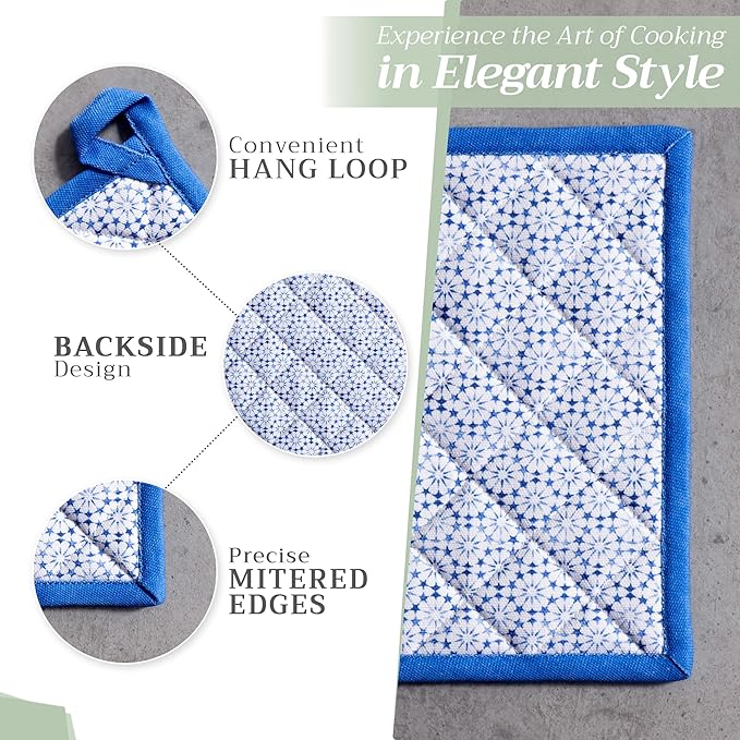 Maison d' Hermine 100% Cotton Oven Mitt & Pot Holder Set (7.5"x13" & 8"x8") Heat Resistant BBQ Cooking Gloves with Loop Baking Grilling Kitchen Gifts for Mothers Day Spring/Summer (Passiflora)