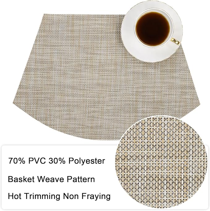 SHACOS Wedge Placemats Set of 4 for Small Round Table Woven Vinyl Curved Placemats Wipe Clean Circle Table Mats Indoor Outdoor, Beige