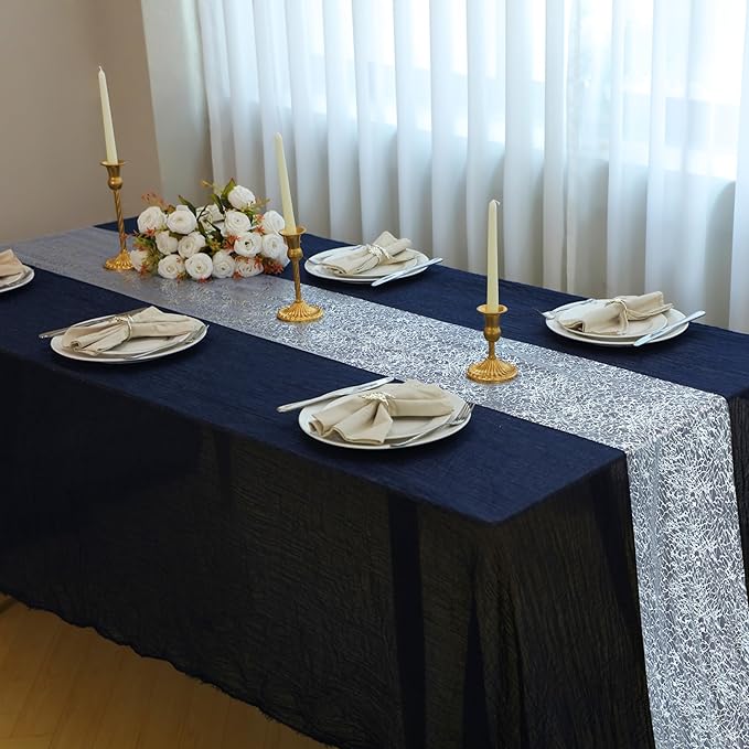 Snowkingdom 20Ft Silver Table Runner, Sparkly Foil Mesh Crackle Metallic Glitter Table Runner, Silver Dining Centerpieces Decorations for Wedding Birthday Christmas Holiday Party Decor 240Inch