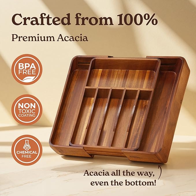 SMIRLY Silverware Drawer Organizer – Acacia Kitchen Drawer Organizer, Adjustable Utensil Holder and Cutlery Tray, Drawer Dividers for Flatware and Kitchen Utensils