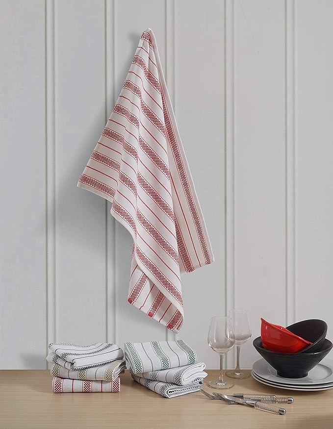 Kitchen Towels Set – Pack of 3 (20’’ x 30’’) Extra Large Premium Cotton Dish Towels for Kitchen – Chain Stripe Towels – Absorbent – 100% Cotton – with Hanging Loop – Red