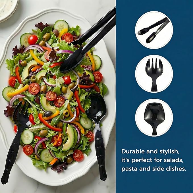 36 Pcs Disposable Serving Utensils Set - 9 Inch Black Tongs, Forks, Spoons for Restaurants, Catering, Party Supplies, Buffet, Wedding, Picnic