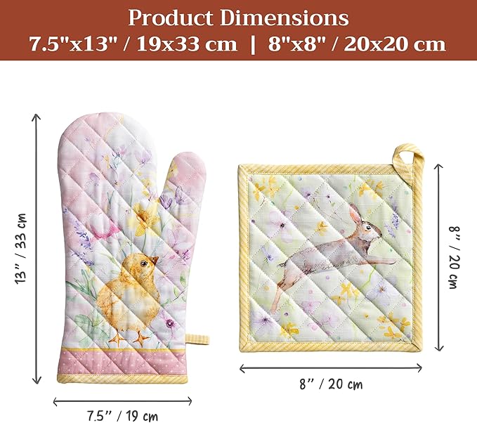Maison d' Hermine 100% Cotton Oven Mitt & Pot Holder Set (7.5"x13" & 8"x8") Heat Resistant BBQ Cooking Gloves with Loop Baking Grilling Kitchen Gifts for Mothers Day Spring/Summer (Easter Zest)