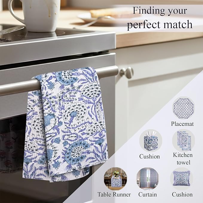 CPC Indigo Blue Hand Block Printed Cotton Waffle Dish Cloth Set of 6-12x12 Inch Super Absorbent, Soft, Reusable Kitchen Towels for Dish Drying & Cleaning Ideal for Spring, Mother's Day