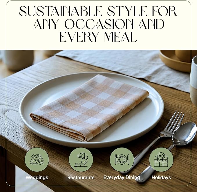 Cloth Napkins Set of 12, 100% Cotton Reusable Gingham Printed Dinner Napkins, 18x18 Inch Washable Table & Kitchen Napkins for Home, Dining, Entertaining – Beige & Sand