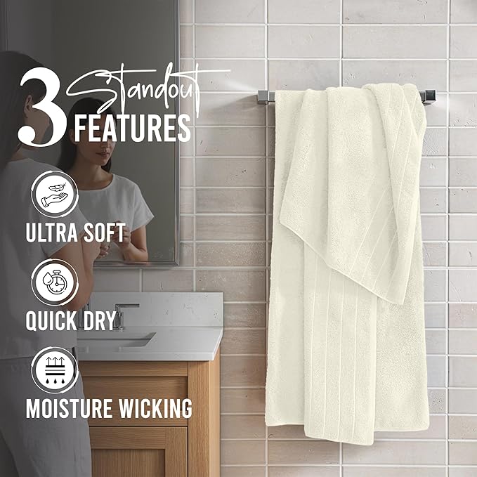 RIVERSIDE Pack of 4 Premium Extra Large Bath Towels 30 x 60 Inches, 100% Cotton, Super Soft & Highly Absorbent, Larger & Lighter Weight, Quicker to Dry, Perfect for Bathroom, Ivory