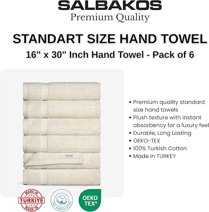 SALBAKOS 100% Turkish Cotton Hand Towel Set of 6 16x30 inch | Heirloom Quality | Hotel & Spa Collection | Ultra Soft, Super Absorbent, Long Lasting Hand Towels | Made in Turkey (Ivory, 6 Hand Towels)