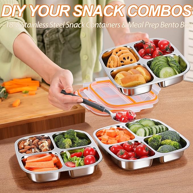 KTKUDY Stainless Steel Snack Container - Divided Bento Snack Box - 4 Compartment Meal Prep Lunch Container for Kids Daycare, School, Work, Travel
