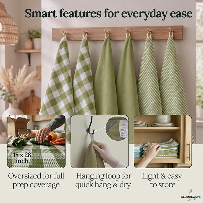 CLOUDSCAPE Kitchen Towels Set of 6 : Cotton-Blended Dish Cloths, Waffle Weave Quick-Drying Dish Towels for Kitchen Essentials, Highly Absorbent, Large 18”x28” Hand Towels with Hanging Loop -Sage Green