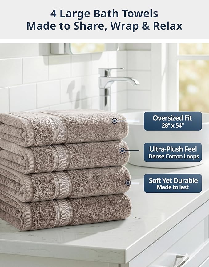 LANE LINEN 100% Cotton Bath Towels Set of 4 (28"x54") - Zero Twist, Mercerized Cotton Bathroom Towel Set - Quick Dry, Very Soft & Absorbent Large Bath Towels - Mininmal Lint After 3 Washes - Platinum