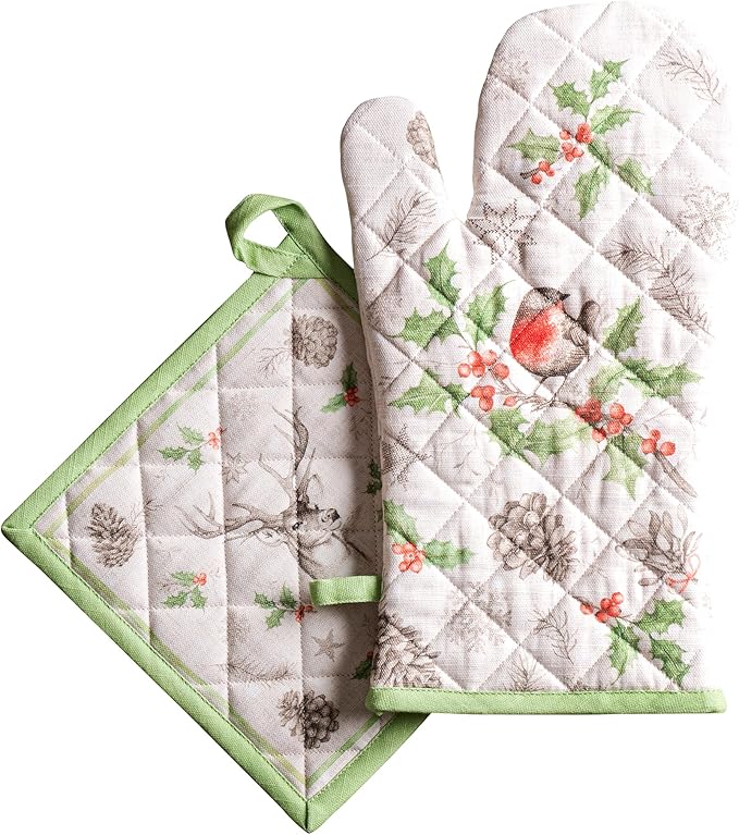 Maison d' Hermine 100% Cotton Oven Mitt & Pot Holder Set (7.5"x13" & 8"x8") Heat Resistant BBQ Cooking Gloves with Loop for Thanksgiving Christmas Decorations Handling Hot Pans (Christmas Dew)