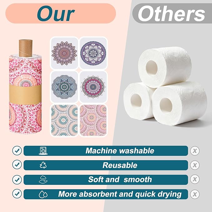 Redbaker 30 Pcs Reusable Paper Towels Rolls Kitchen Towels Bulk Washable Paperless Cloth Cotton Hand Napkins with Cardboard Reusable Napkins for Kitchen Bathroom (Mandala)