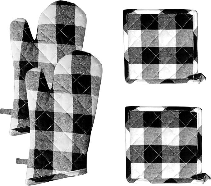 Native Fab Buffalo Plaid Check Oven Mitts and Pot Holders Set of 4, 100% Cotton Heat Resistant Kitchen Gloves, 2 Oven Mitts (7x13), 2 Pot Holders (8x8) for Cooking & Baking, Black White