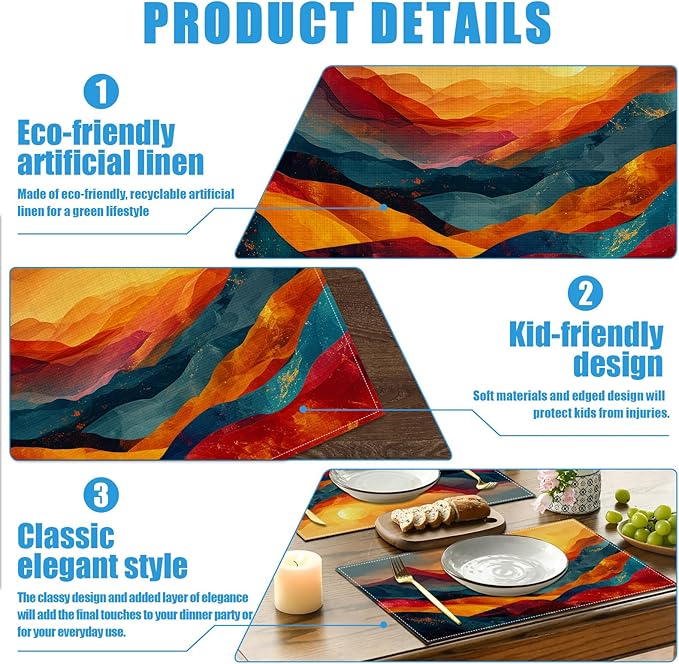 Abstract Mountain Sunset Placemats Set of 6, Washable Linen Place Mat Heat Resistant Non Slip Kitchen Dining Table Mats 12x18 Inch