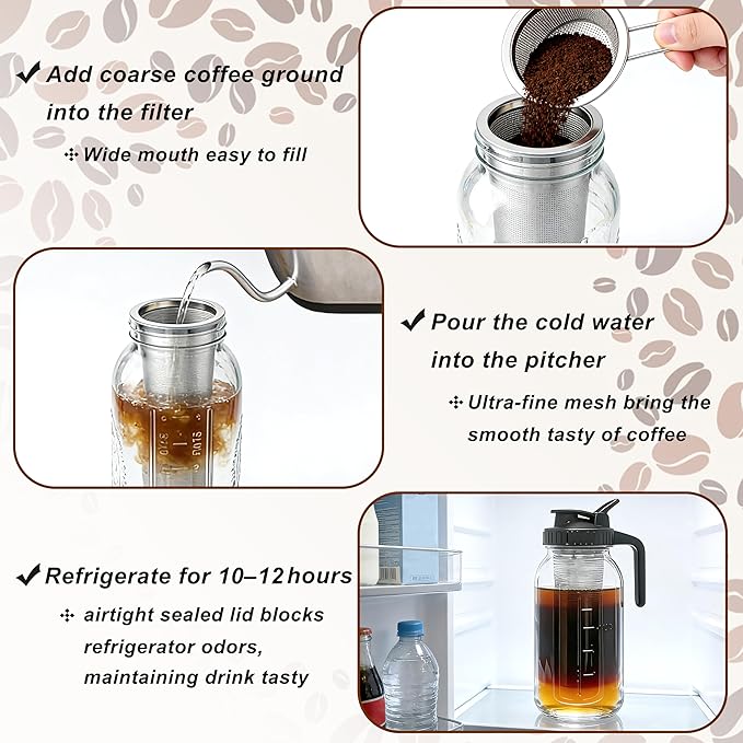 Cold Brew Coffee Maker 32 Oz Wide Mouth Mason Jar Pitcher With stainless steel Filter 1 Quart Airtight & Leak-Proof cold brew pitcher with pour spout lid and handle For iced Coffee Tea and lemonade