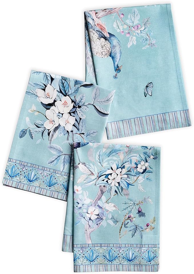 Maison d' Hermine Kitchen Towel 100% Combed Cotton Premium Set of 3 Kitchentowels Easter Tea Towels (20"x27.50") for Table Cleaning, Buffet Parties & Wedding Use - Peacock Utopia - Pastel Turquoise