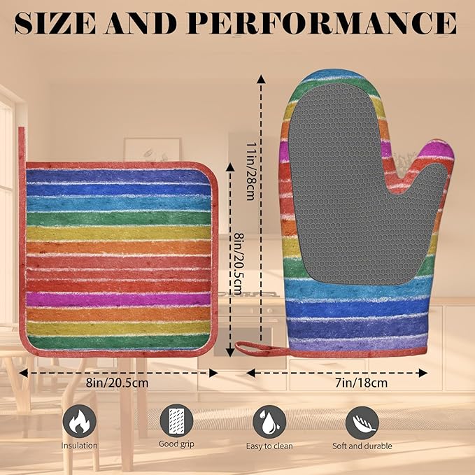 Colorful Graffiti Oven Mitts and Pot Holders Sets Rainbow Silicone Heat Resistant Kitchen Oven Gloves Pot Holder for Cooking Baking Grilling BBQ