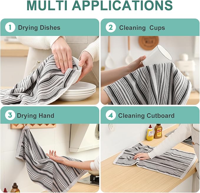 SALAS Kitchen Dish Towels for Drying Dishes, Large Cotton Kitchen Cloths Hand Towels, Stripped Terry Dish Cloths, Thick Highly Absorbent Towel Sets with Hanging Loop, 16" X 26"