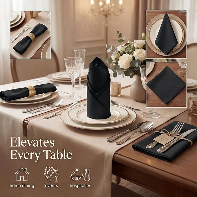 Urban Villa Cloth Napkins Set of 12 20x20 Inches 100% Cotton Hemstitch Napkins Cloth Washable Durable Reusable Absorbent Table Dinner Napkins Cloth for Hotel Lunch Restaurant Weddings Parties – Black