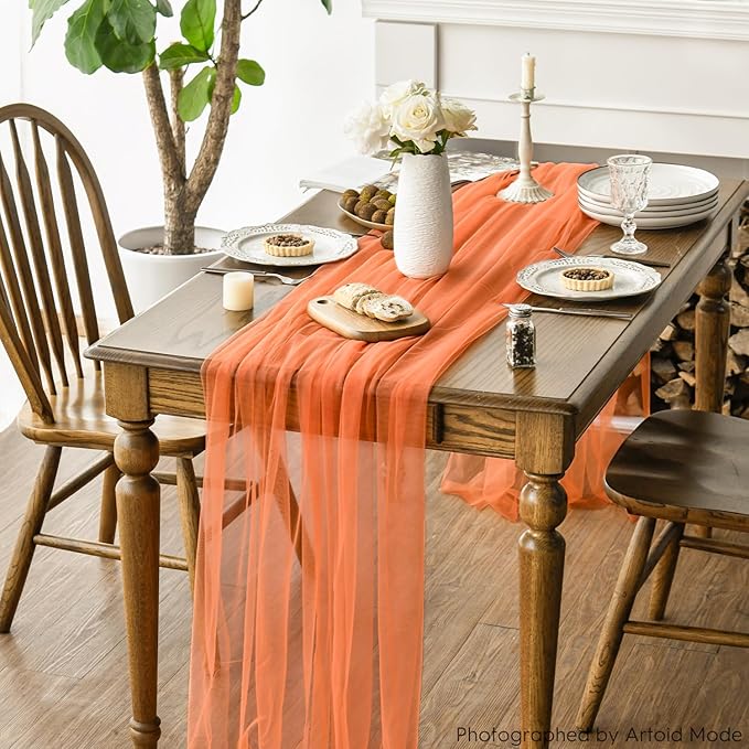 Artoid Mode 3PCS Orange Gauze Table Runner 120 Inch 10FT, Seasonal Sheer Kitchen Dining Holiday Wedding Birthday Baby Shower Table Decor for Home Party