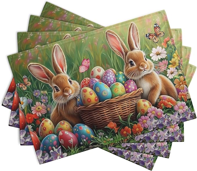 Easter Bunny Placemats Set of 4 Easter Colorful Eggs Floral Linen Fabric Table Mats Spring Farmhouse Seasonal Table Place Mats for Outdoor Indoor Home Party 12x18 Inch