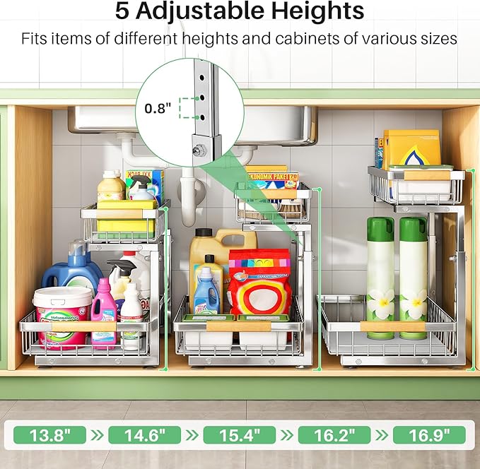 Under Sink Organizer, Stainless Steel 2 Packs 2 Tier Under Sink Organizers and Storage, Slide out Pull out Cabinet Shelf, Sliding Drawer for Kitchen Bathroom Pantry Cabinet Closet Organization Rack