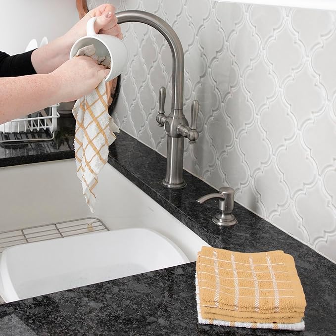 Ritz Premium 100% Cotton Terry Check Kitchen Dish Cloths - Highly Absorbent, Super Soft, Long-Lasting, 12"x12", 6-Pack, Straw