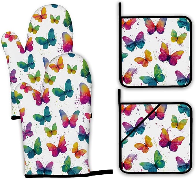 Colorful Butterfly Oven Mitts and Pot Holders,Heat Resistant Oven Mitts Gloves and Pot Holder for Home Kitchen Decorations Cooking Baking BBQ Gifts,Set of 4