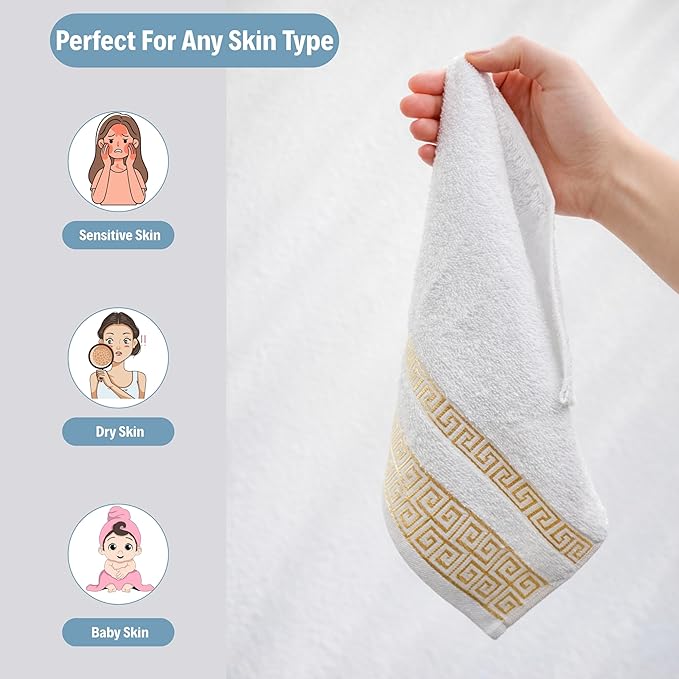 4 Piece WashCloth Set with Greek Key Design - 100% Cotton Soft & Absorbent Bathroom 12x19 in Small Towels - Soft Face Towels, Quick Dry White Wash Cloth for Spa, Hotel & Home Use CC2