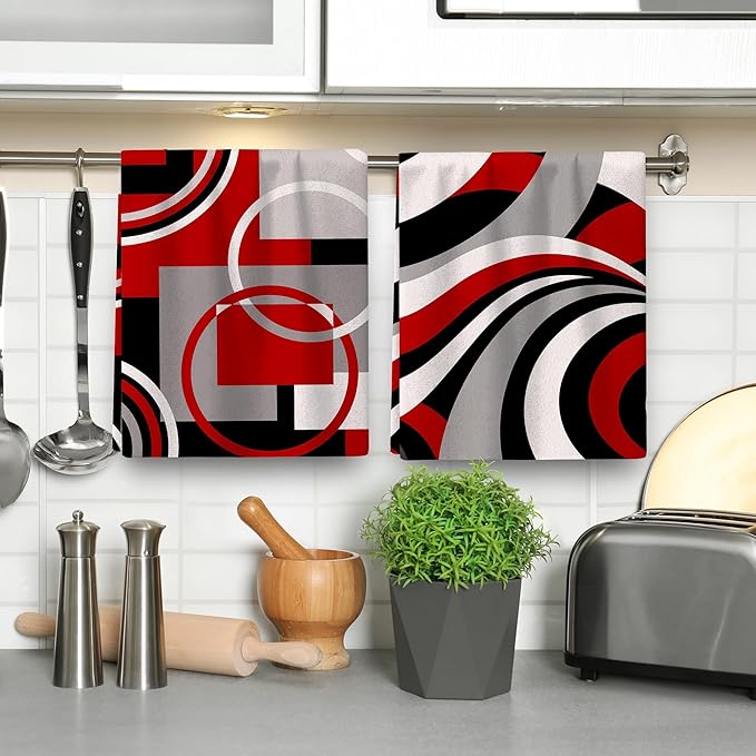 Red Black Grey White Kitchen Dish Towels Set of 4, Soft Absorbent Modern Abstract Decorative Tea Towels for Kitchen, Hand Drying Baking Cooking Cloth 16x24 Inch