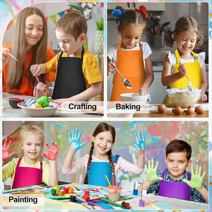 PLULON 10 Pcs Kids Aprons with 2 Pockets Painting Aprons for Kids Aprons Bulk, Paint Apron Adjustable Children Chef Aprons for Girls Boys Painting Baking Cooking Crafting - 10 Colors