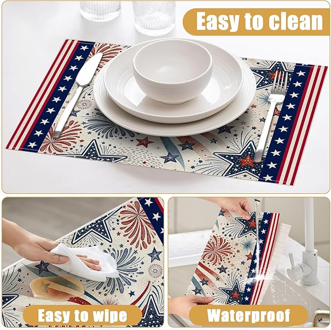 4th of July Placemats Set of 6, American Star Linen Place Mat Washable Stain Resistant Table Mats for Farmhouse Kitchen Dining Holiday Party Wedding Decor 12x18 Inch